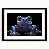 Framed wall art featuring a vibrant frog design in black matting, showcasing detailed colors and textures, perfect for nature lovers and home decor enthusiasts.