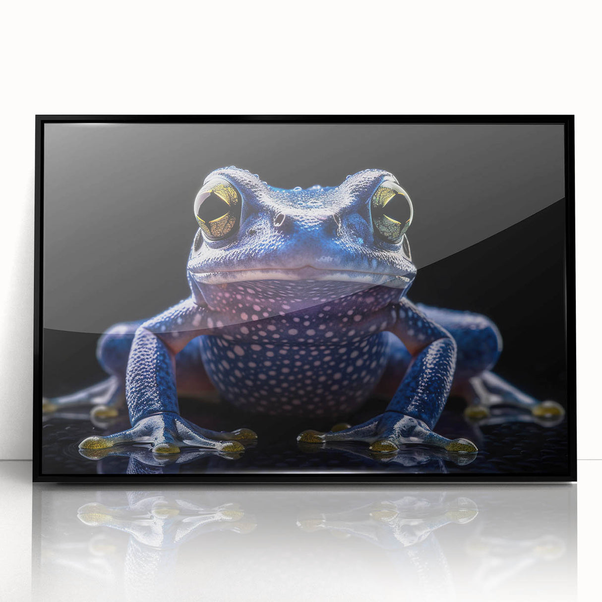 Framed acrylic wall art featuring a vibrant frog design, set against a sleek black frame, perfect for adding a touch of nature-inspired decor to modern spaces. This eye-catching piece showcases intricate details and vivid colors that enhance any room's aesthetic.