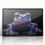 Framed acrylic wall art featuring a vibrant frog design, set against a sleek black frame, perfect for adding a touch of nature-inspired decor to modern spaces. This eye-catching piece showcases intricate details and vivid colors that enhance any room's aesthetic.