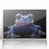 Framed wall art featuring a vibrant frog design from the 'Animals A Wild Life' collection, showcased in a sleek white frame, perfect for nature-inspired decor.
