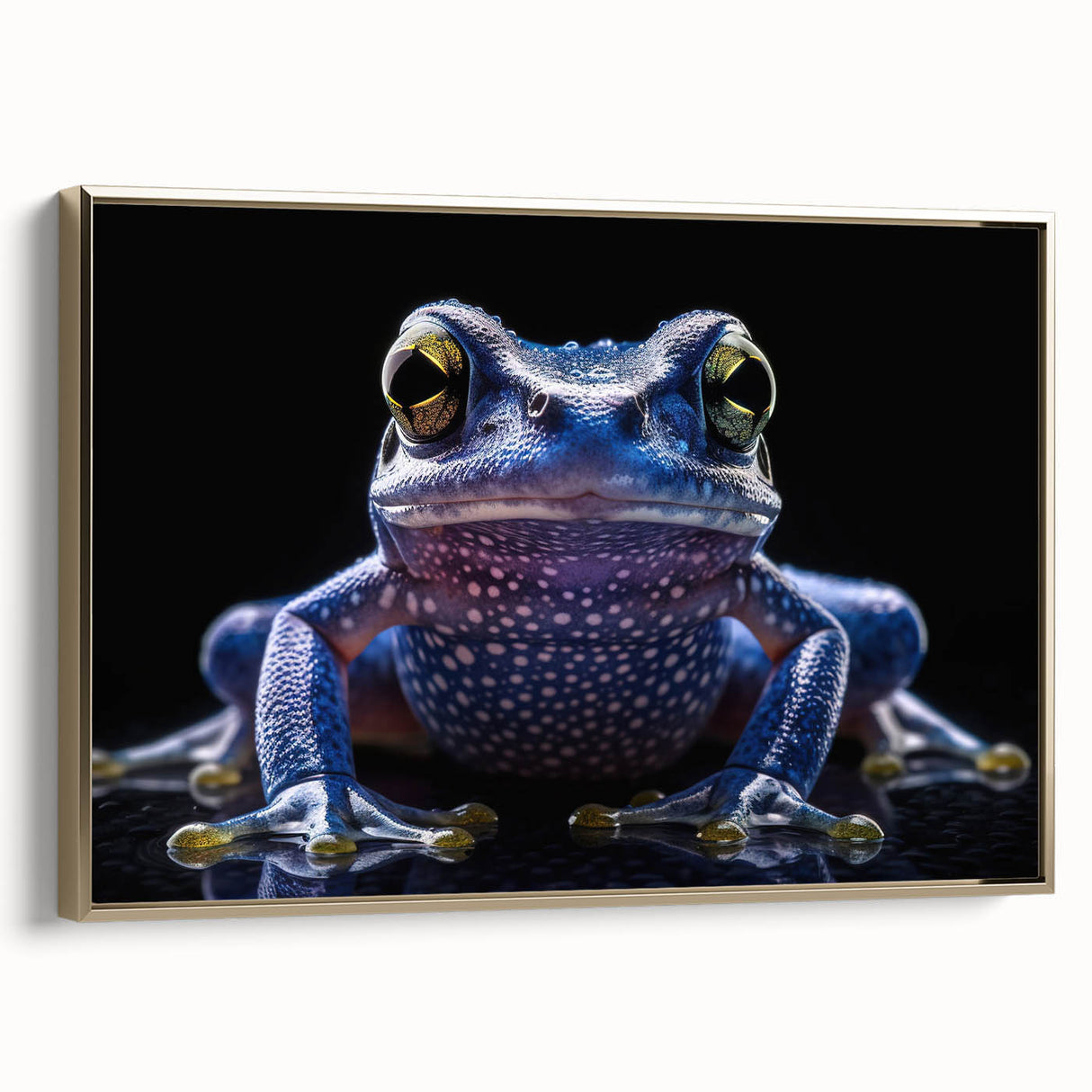 Framed wall art featuring a vibrant frog design, showcasing intricate details and bold colors. Ideal for nature enthusiasts, adding a lively touch to home decor.