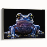 Framed canvas wall art showcasing a vibrant frog design in silver frame, perfect for wildlife enthusiasts, adding a pop of color to home decor.