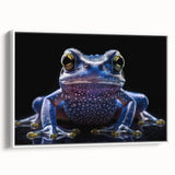 Framed wall art depicting a vibrant frog design in a colorful, nature-inspired theme; ideal for animal lovers and home decor enthusiasts. The canvas features a white background that enhances the vivid colors of the artwork, making it a stunning focal point for any room.