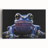 Colorful wall art featuring a close-up design of a vibrant green frog on stretched canvas, showcasing intricate details and textures, perfect for nature lovers.