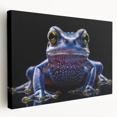 Vibrant stretched canvas wall art showcasing a detailed frog design, rich in green and yellow hues, perfect for animal lovers and nature-themed decor.