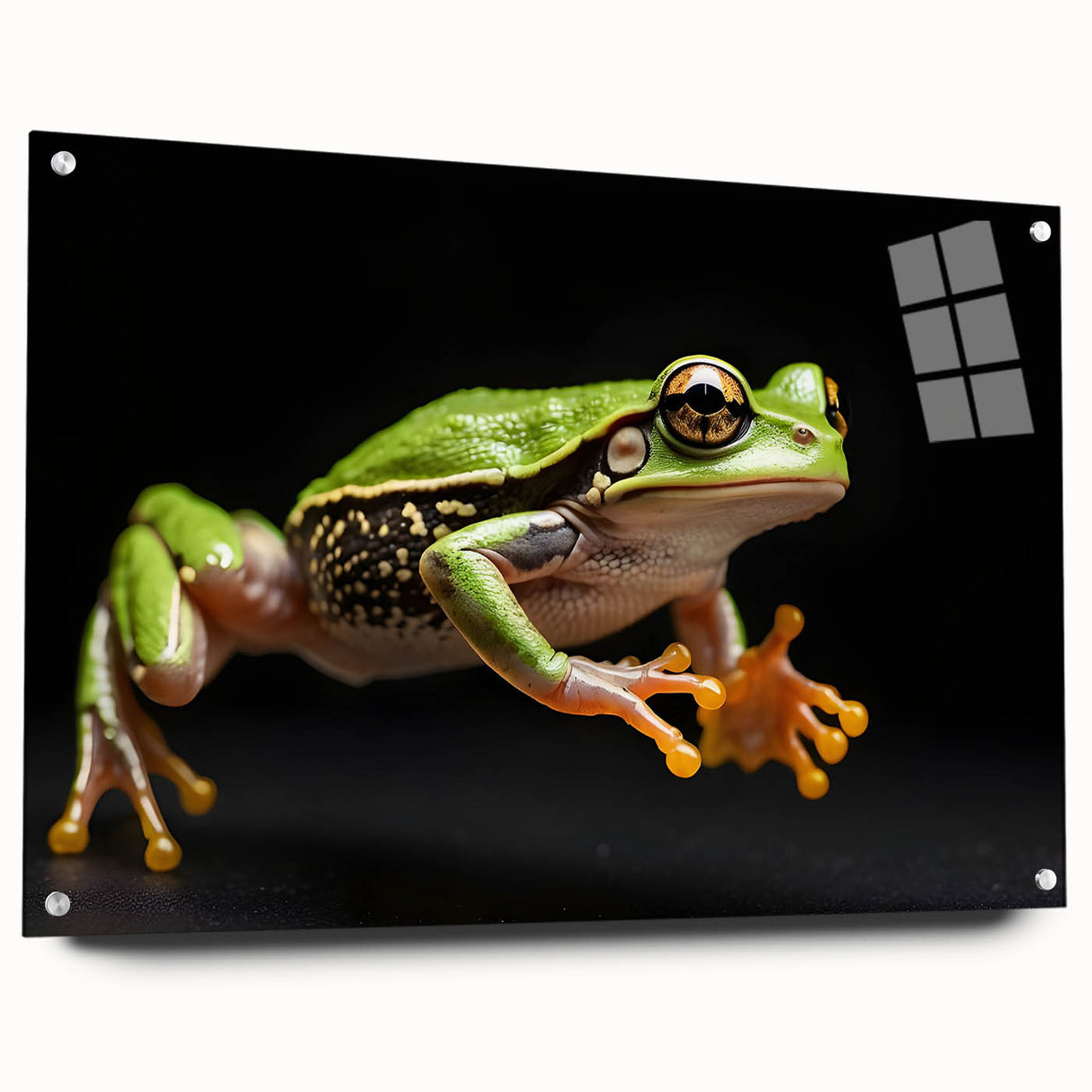 Vibrant acrylic glass wall art featuring a detailed frog design from the Animals A Wild Life collection, displayed in a side view with mounting pins, perfect for nature-themed decor.