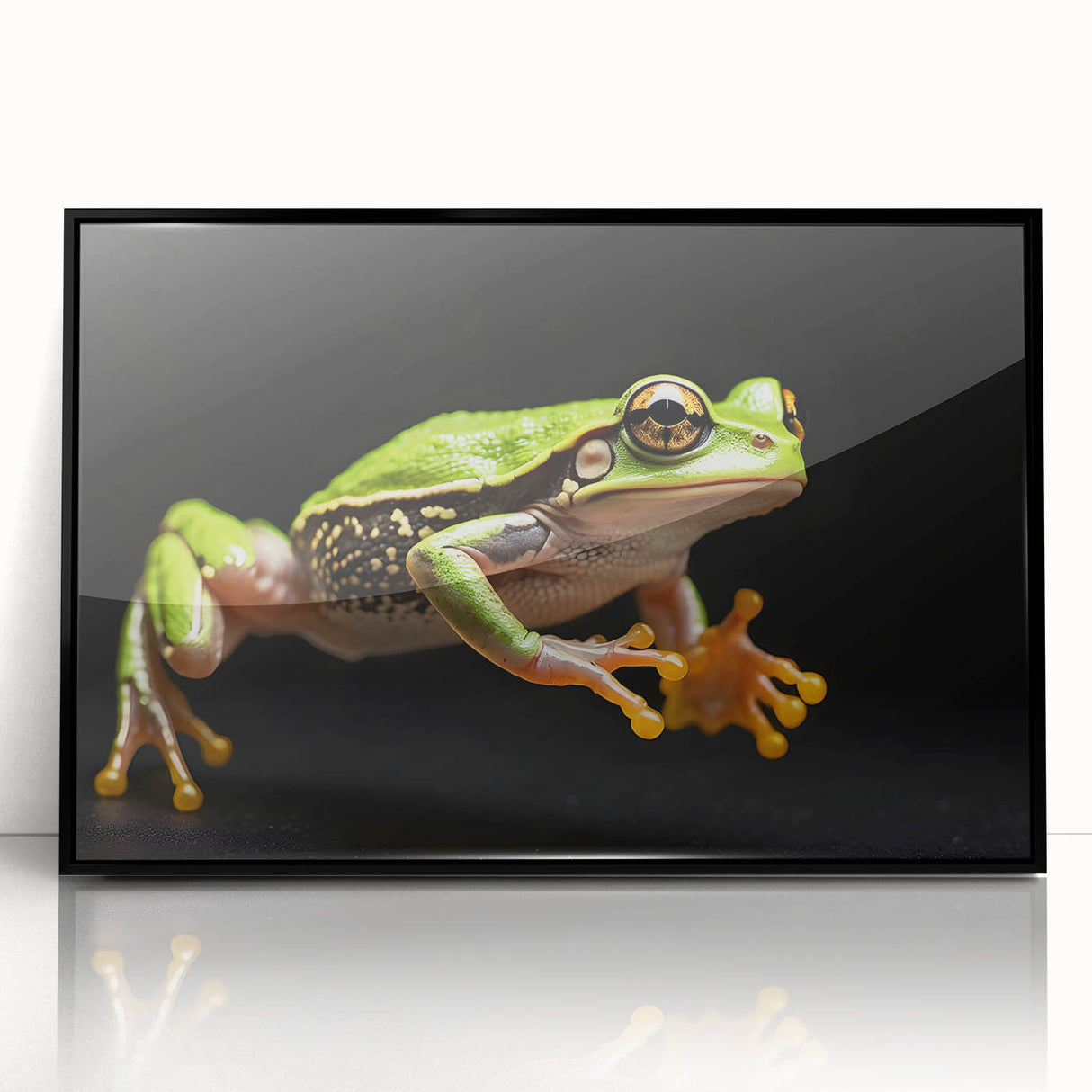 Framed acrylic wall art featuring a vibrant frog design, showcasing intricate colors and details, set in a sleek black frame for modern decor enhancement.