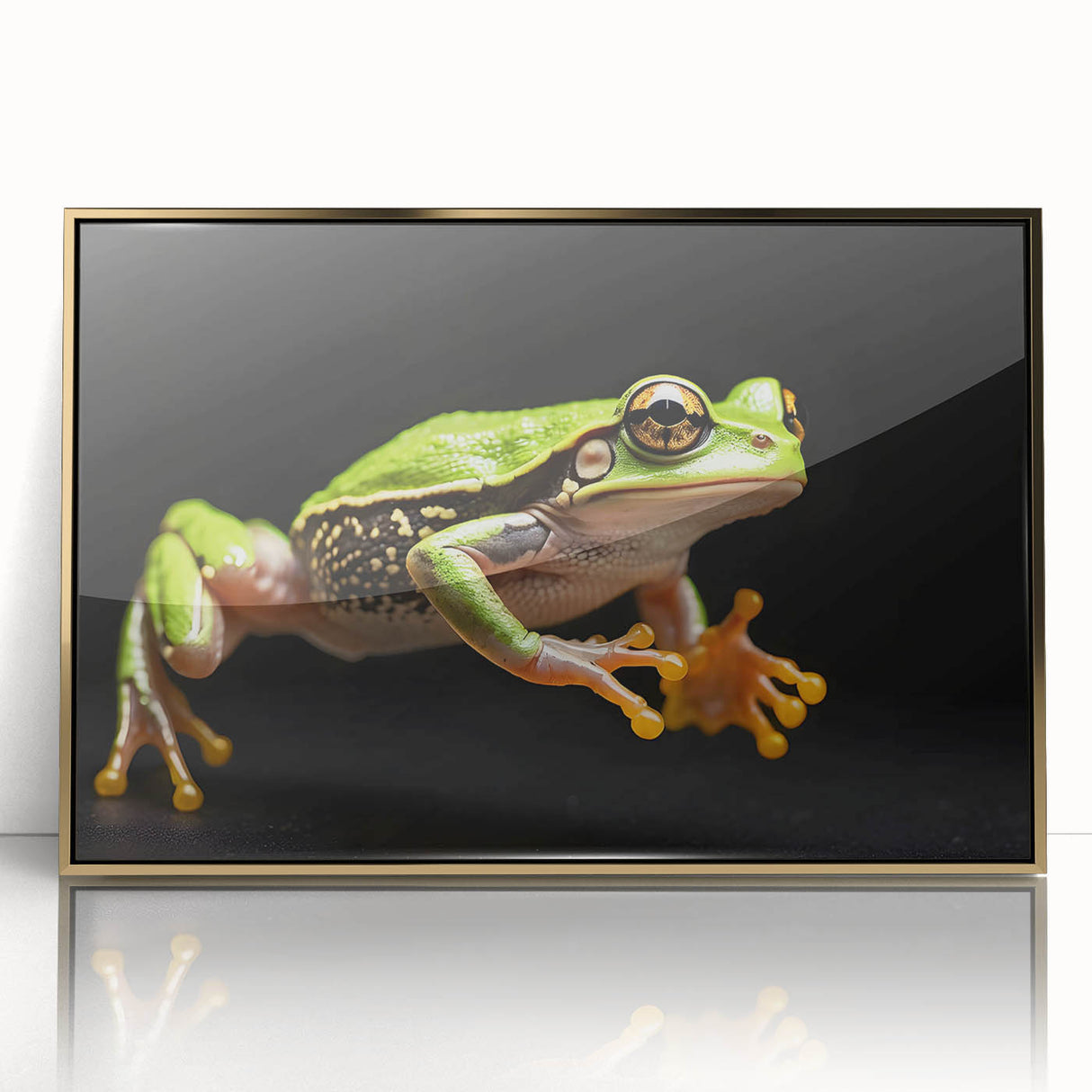 Framed wall art featuring a vibrant frog design in a wild life theme, set in an elegant gold frame, perfect for nature enthusiasts and home decor.
