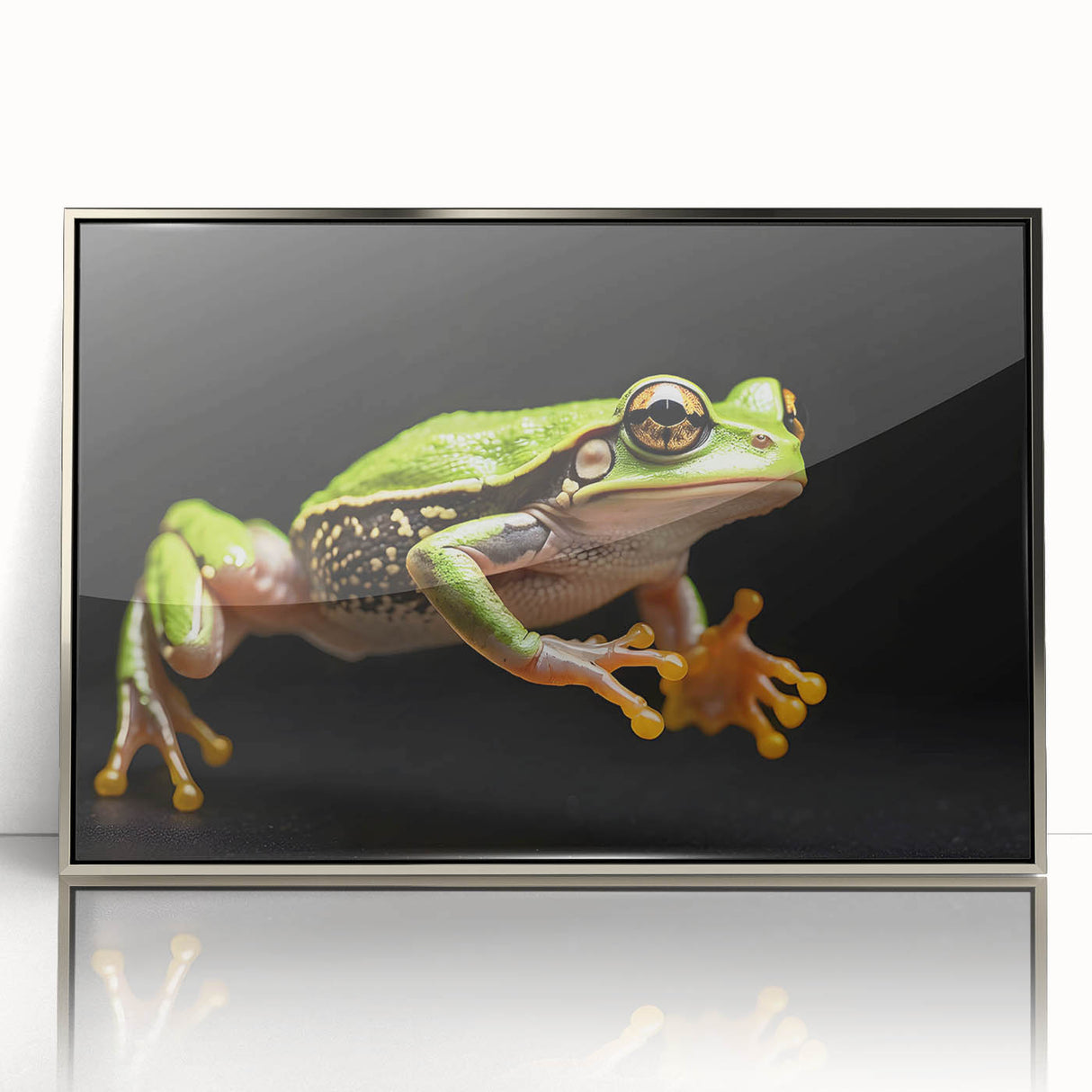 Framed acrylic wall art featuring a vibrant, detailed frog design in silver, showcasing a modern aesthetic perfect for wildlife enthusiasts and home decor.