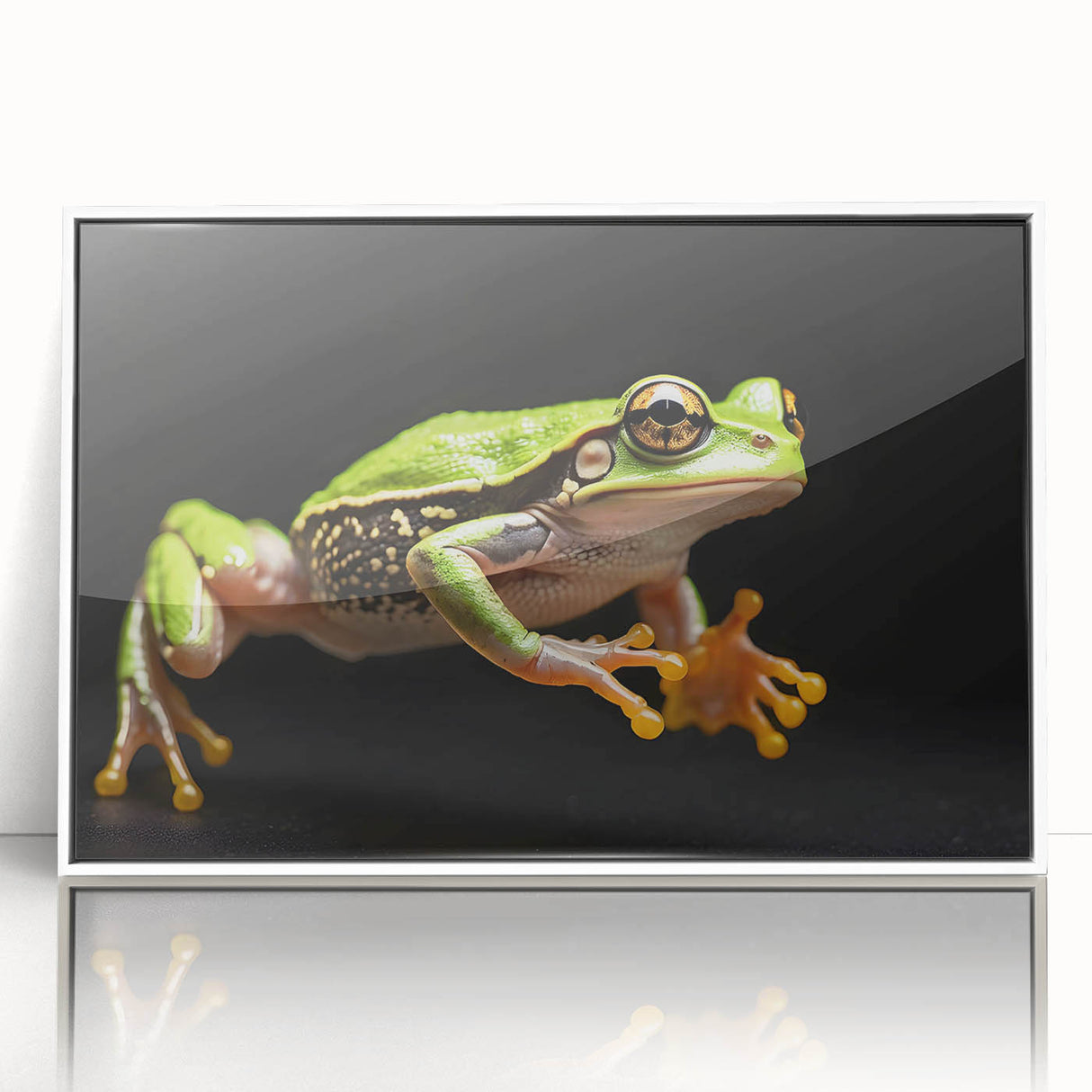 Framed wall art featuring a vibrant frog design, showcasing intricate details and bright colors, set against a white background. Ideal for wildlife decor enthusiasts.