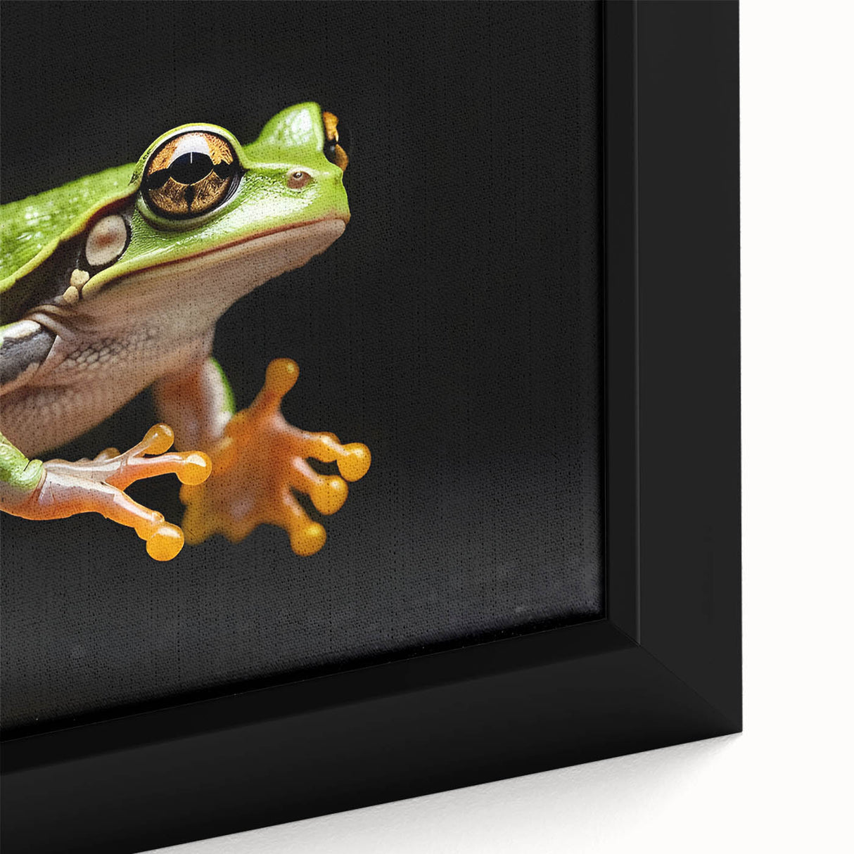 Close-up of a vibrant green frog design on framed canvas wall art, showcasing intricate details and textures, ideal for animal lovers and nature-themed decor.