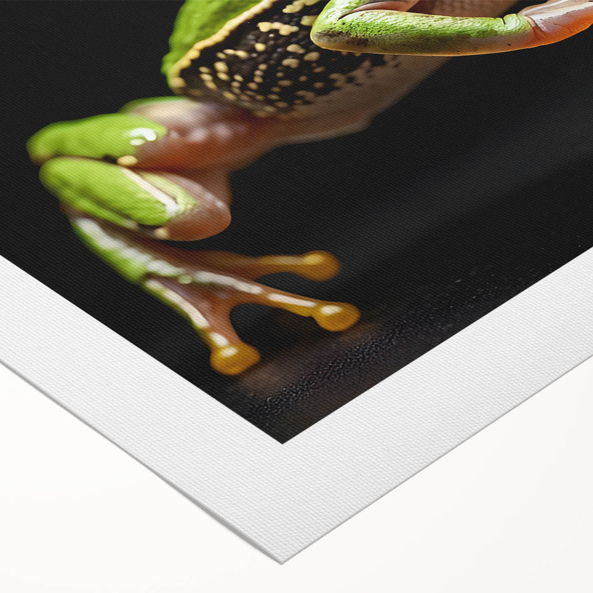 Vibrant rolled canvas wall art featuring a detailed frog design, showcasing vivid green and yellow colors, ideal for nature-themed decor in homes or offices.