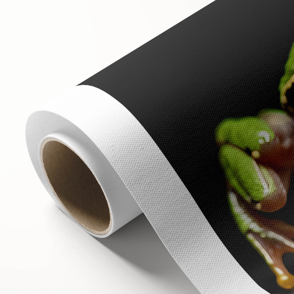 Colorful rolled canvas wall art showcasing a whimsical frog design, ideal for nature lovers, featuring vibrant greens and blues, packaged securely for shipping.