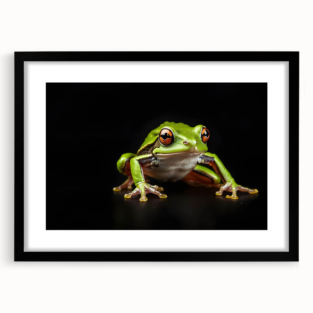 Framed wall art collection featuring a vibrant frog design, set against a sleek black mat, perfect for enhancing nature-themed decor in any space.