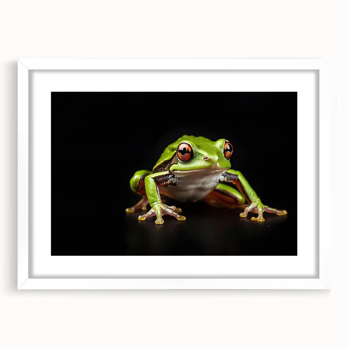 Framed wall art collection showcasing a vibrant frog design, featuring a white matte finish, ideal for nature-inspired decor in homes or offices.