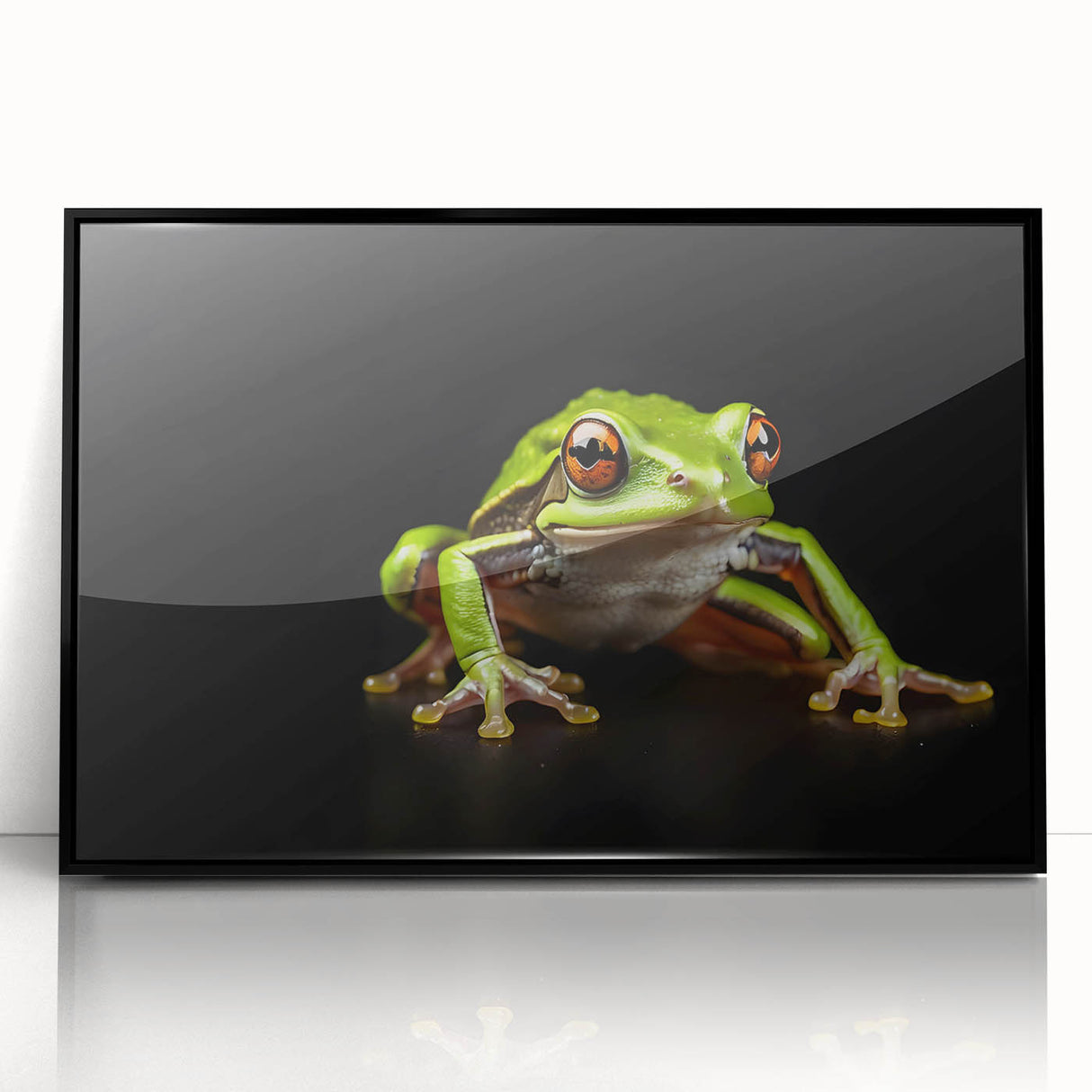 Framed wall art featuring a vibrant frog design, showcasing intricate details and a sleek black frame, ideal for animal lovers and nature-themed decor.