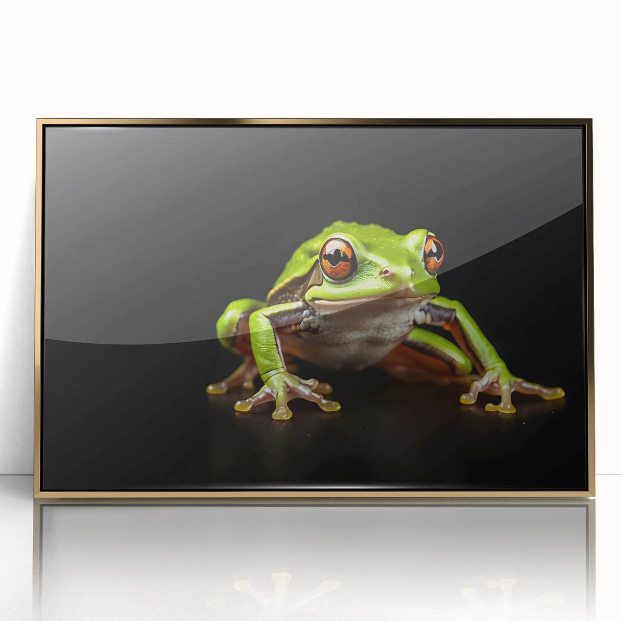 Framed wall art featuring a vibrant frog design from the "Animals: A Wild Life" collection, with a gold-acrylic finish that enhances its colorful details.