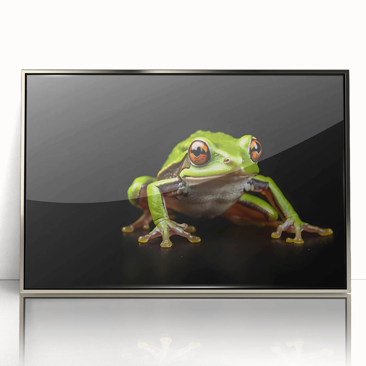 Framed wall art featuring a vibrant frog design in an acrylic finish, showcased in a sleek silver frame, perfect for adding a touch of nature-inspired decor to any space.