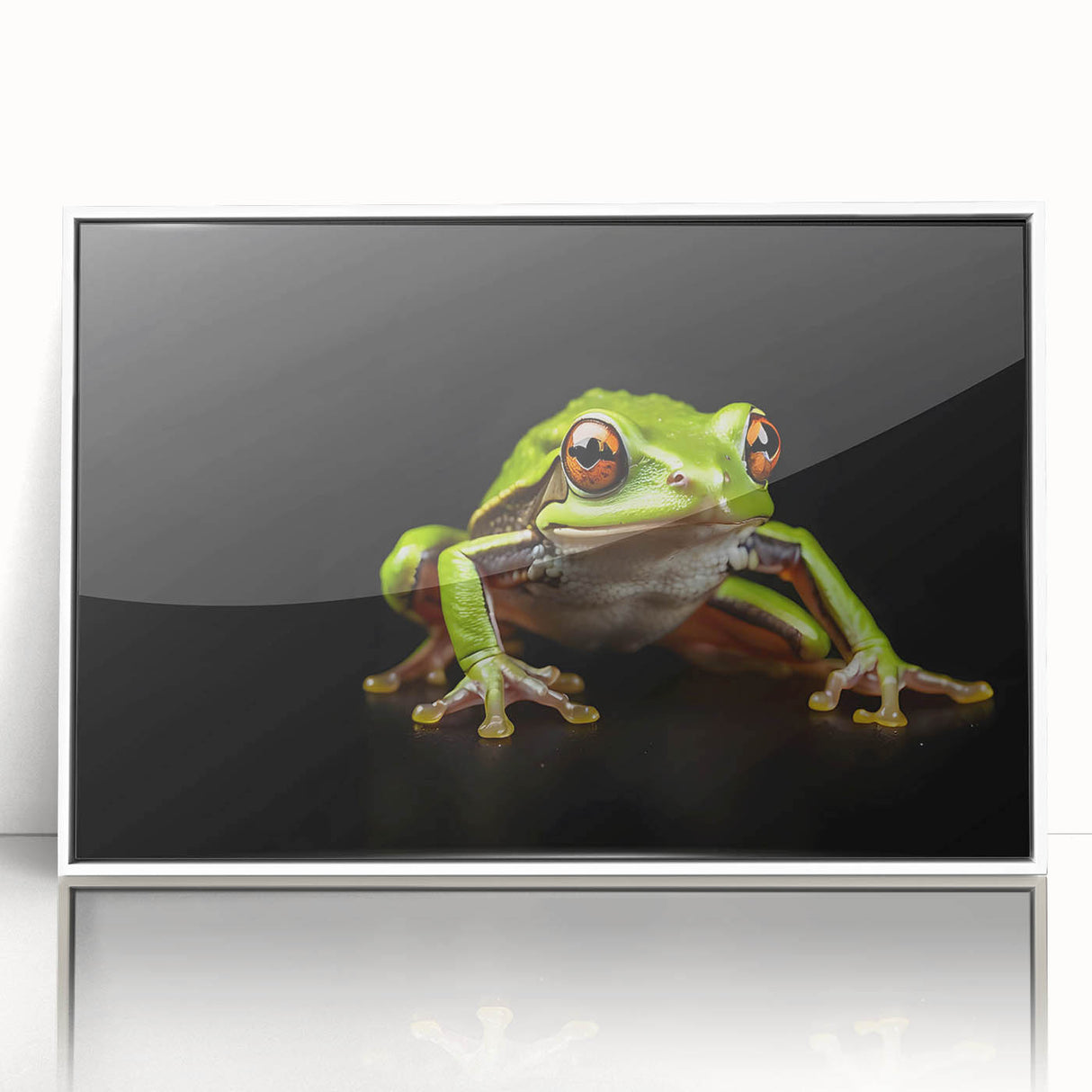 Framed wall art featuring a vibrant frog design from the "Animals A Wild Life" collection, showcasing a white frame and acrylic material, perfect for nature-themed decor.