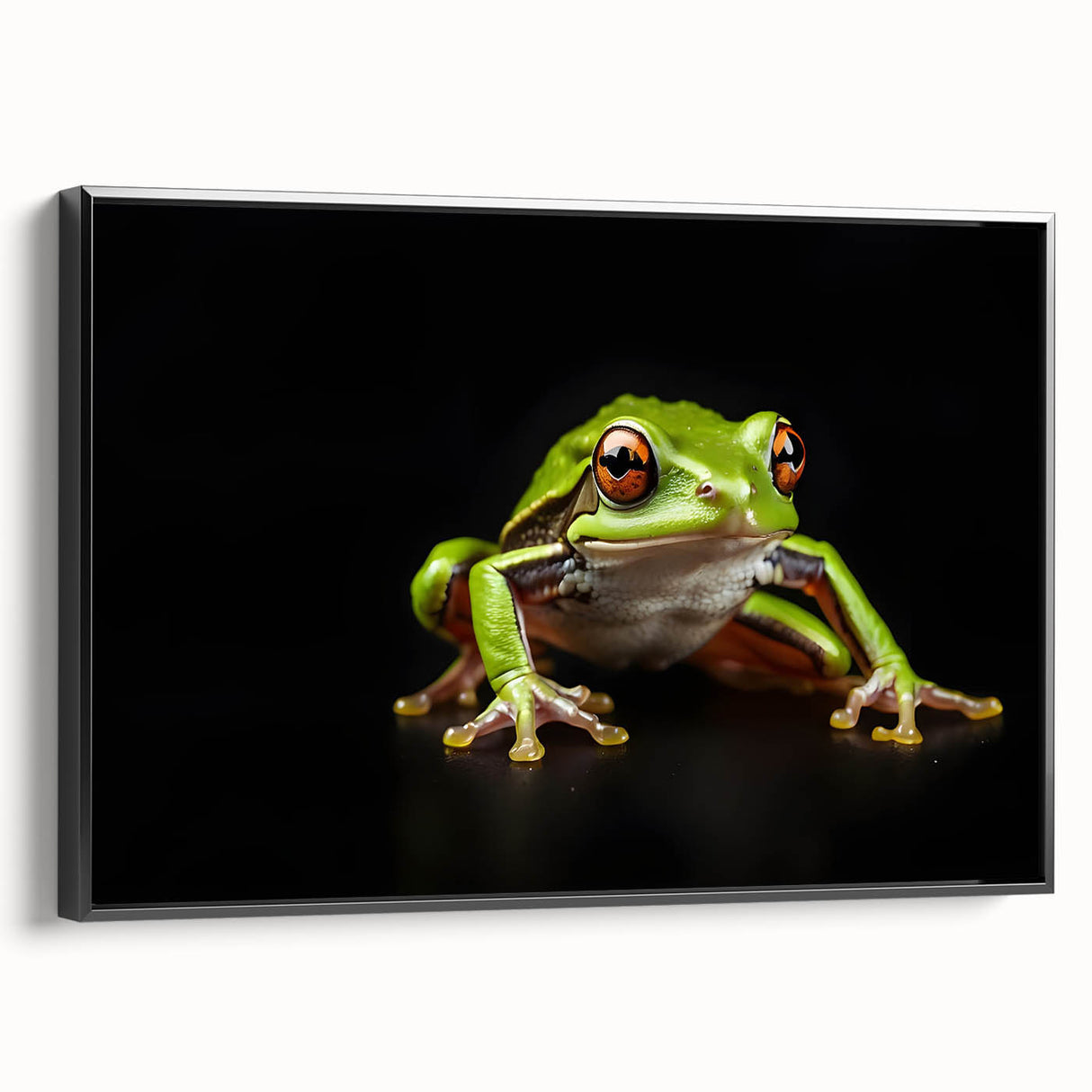 Framed wall art featuring a vibrant frog design on textured canvas, showcasing a black frame and side view, ideal for nature enthusiasts and home decor.
