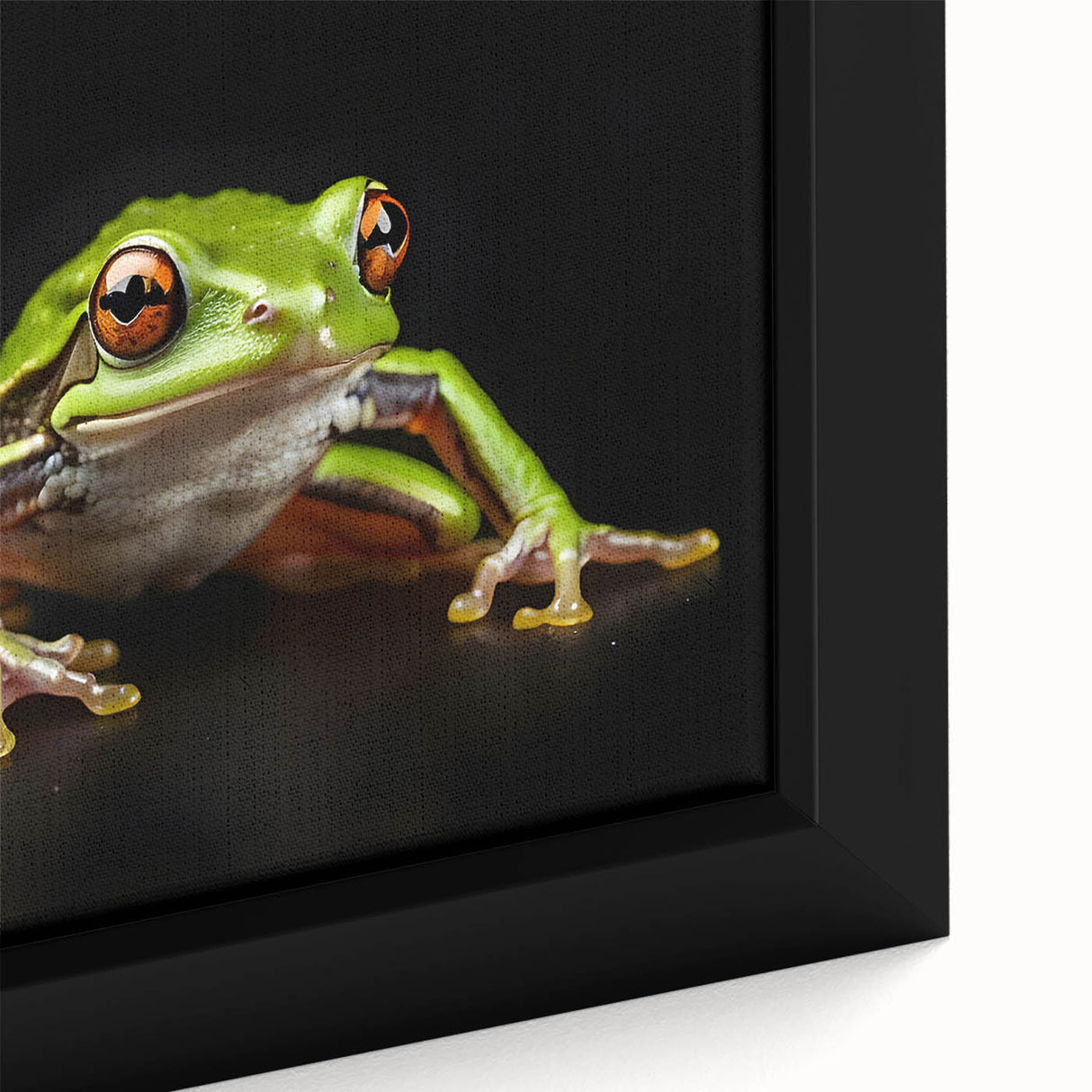 Close-up view of a framed canvas depicting a vibrant green frog on a textured background, showcasing intricate details of its skin and natural habitat, perfect for wildlife art lovers.