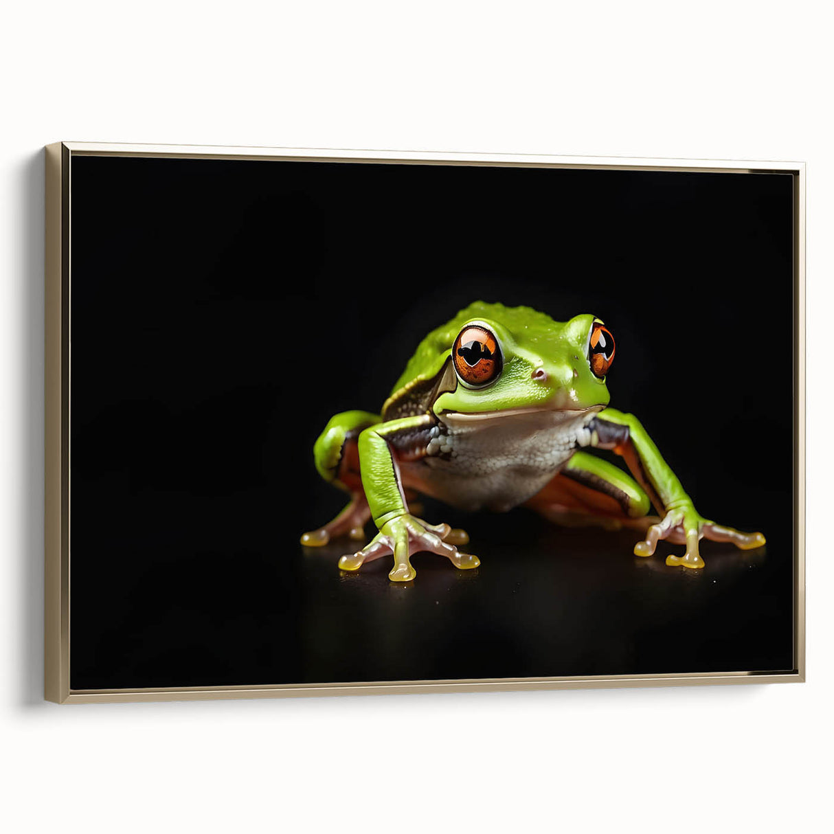 Framed canvas wall art featuring a vibrant green frog design, set against a textured gold background, showcasing the intricate details of the frog's features and colors. This striking piece adds a touch of nature-inspired elegance to any room decor.