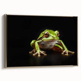 Framed canvas wall art featuring a vibrant green frog design, set against a textured gold background, showcasing the intricate details of the frog's features and colors. This striking piece adds a touch of nature-inspired elegance to any room decor.