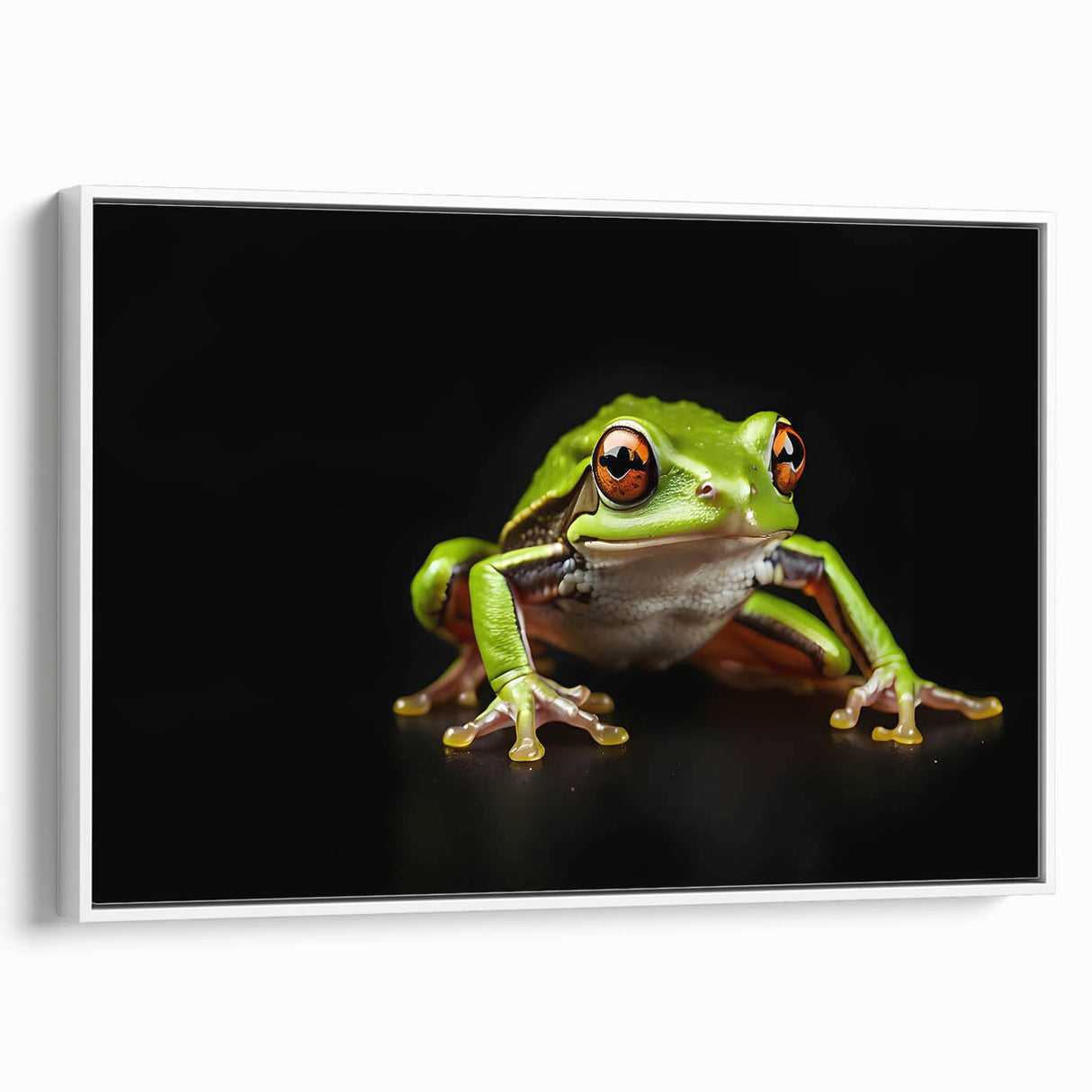 Framed canvas wall art featuring a vibrant frog design, showcasing intricate details and bright colors, perfect for animal lovers and home decor enthusiasts.