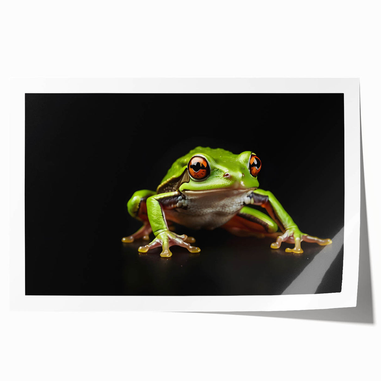 Vibrant frog wall art design showcasing a colorful, stylized frog illustration on a rolled print, perfect for enhancing natural-themed decor. Ideal for wildlife enthusiasts and art collectors.