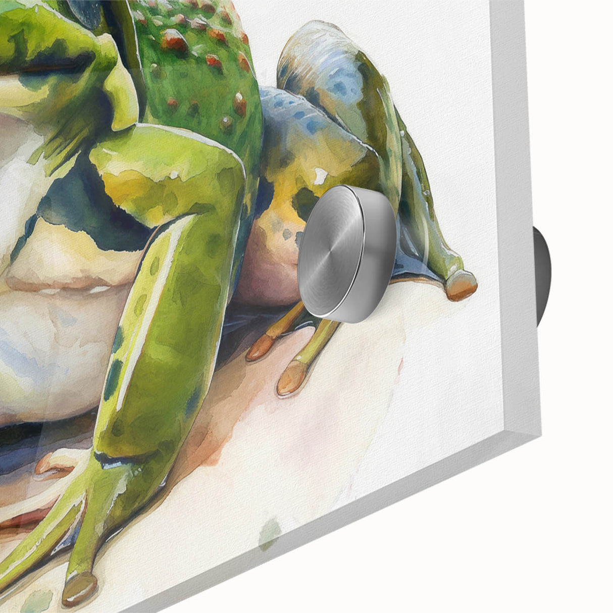Close-up view of a vibrant, acrylic glass wall art piece featuring a detailed frog design, showcasing intricate colors and textures, perfect for wildlife enthusiasts.