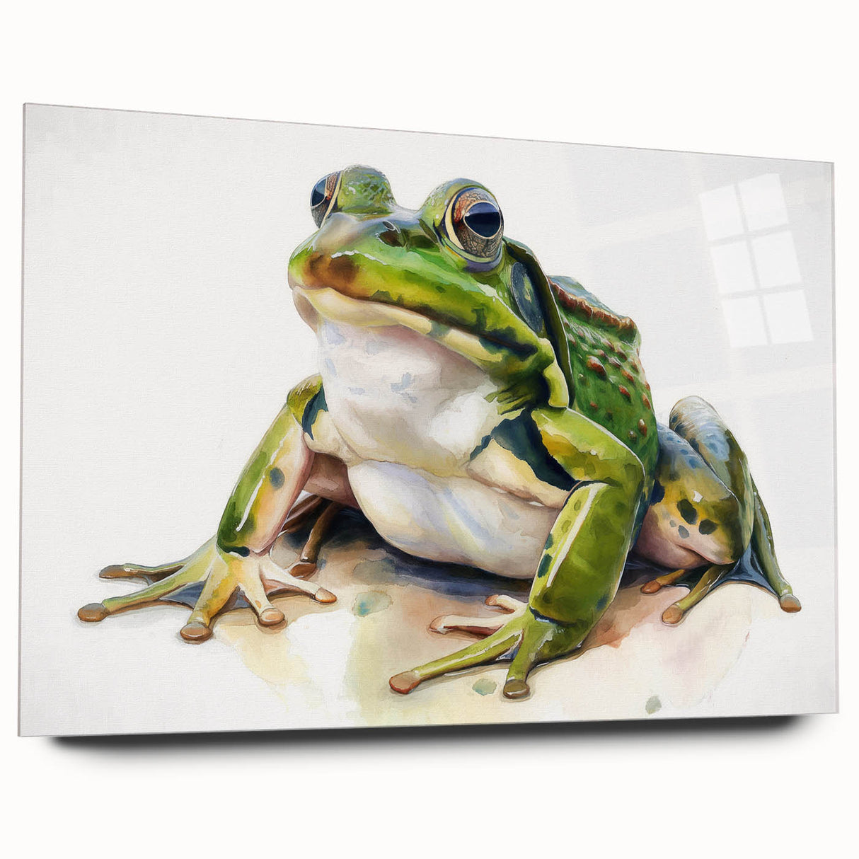 Vibrant acrylic glass wall art featuring a colorful frog design from the "A Wild Life" collection, displayed in a side view without pins, ideal for animal lovers.