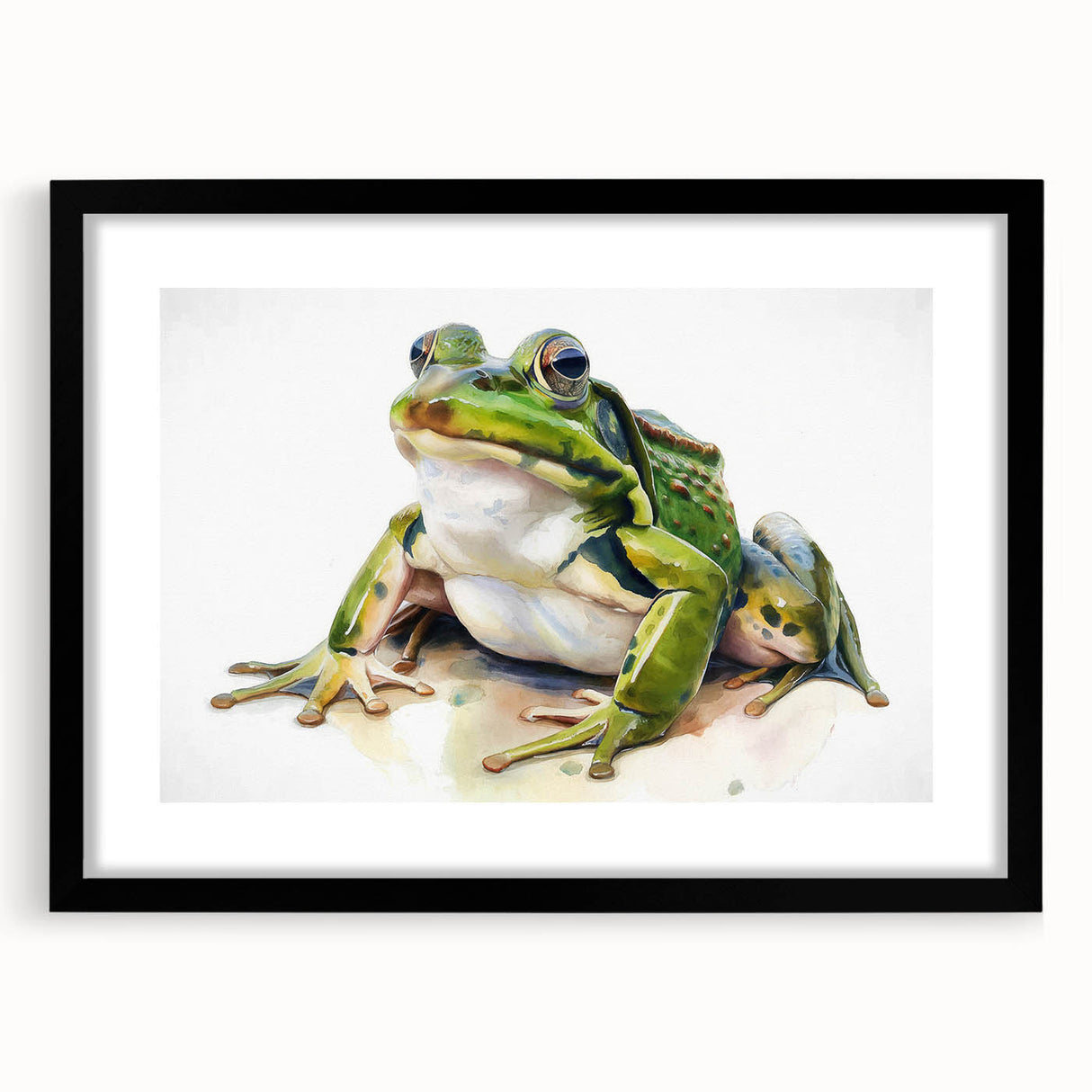 Framed wall art featuring a vibrant frog design from the Animals A Wild Life collection, showcasing a black frame and mat, perfect for nature-themed decor.