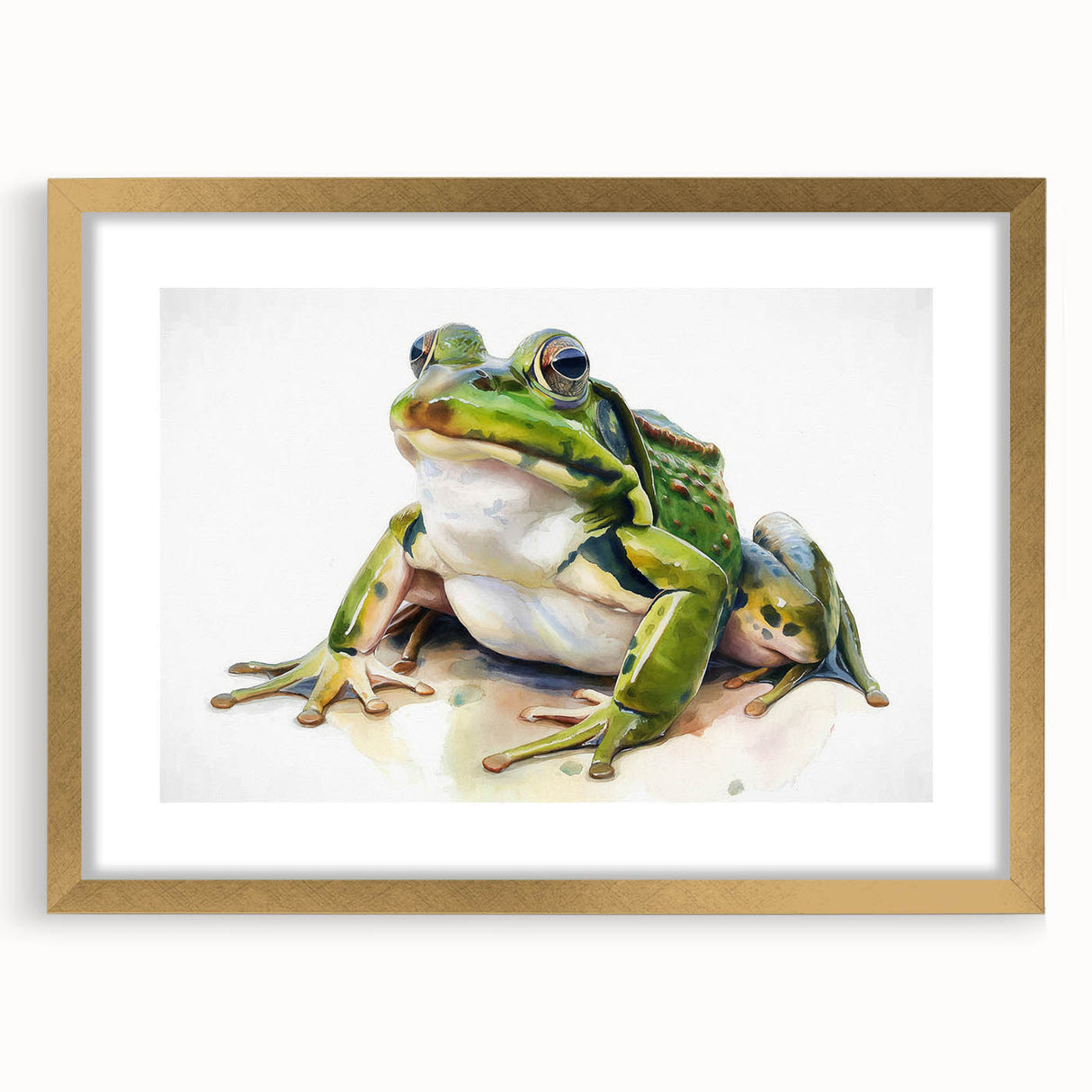 Gold-framed wall art featuring a vibrant frog design, part of the Animals A Wild Life collection, showcasing detailed illustration and stylish matting.