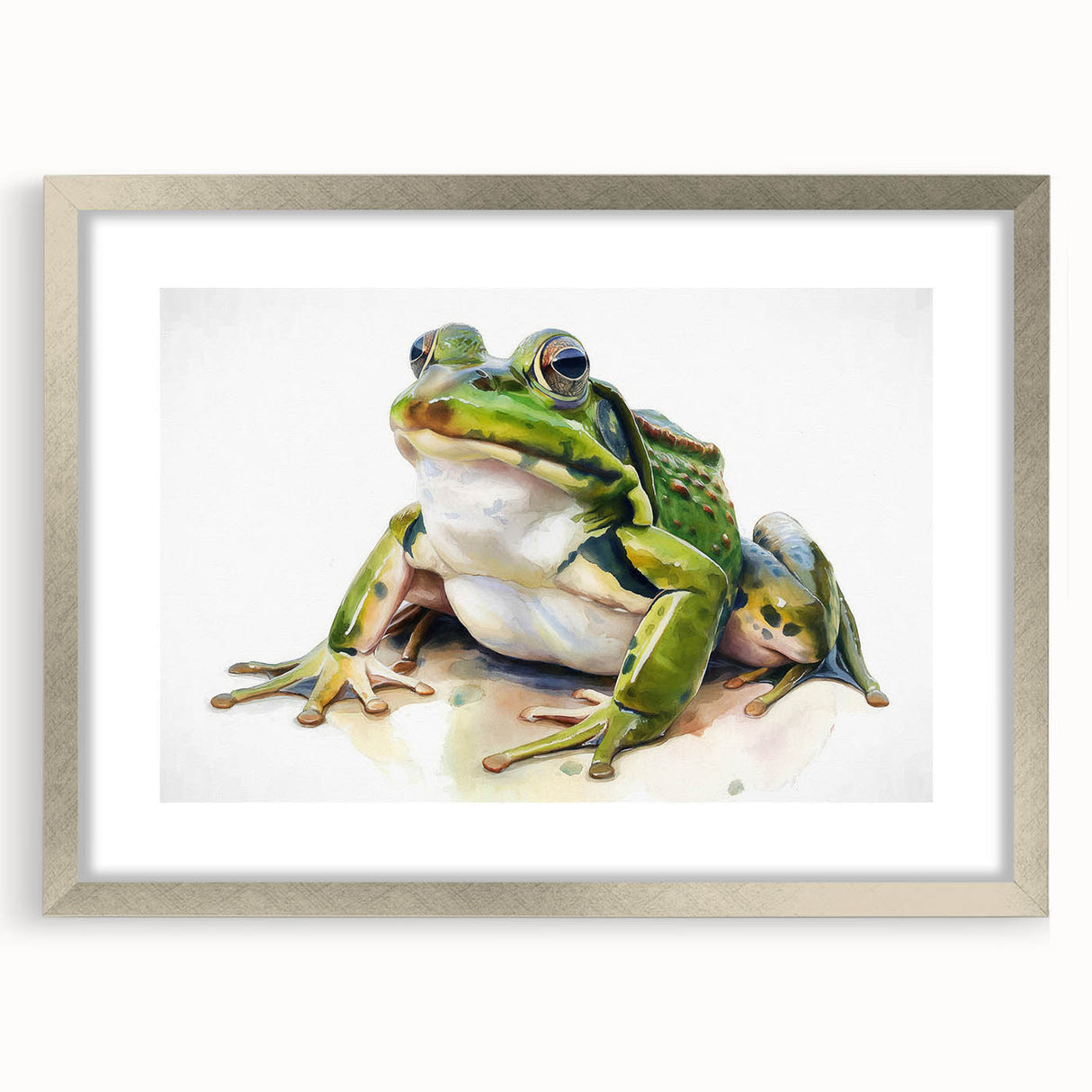 Frog-themed wall art collection framed in silver, showcasing vibrant colors and intricate details, perfect for nature lovers and home decor enthusiasts.