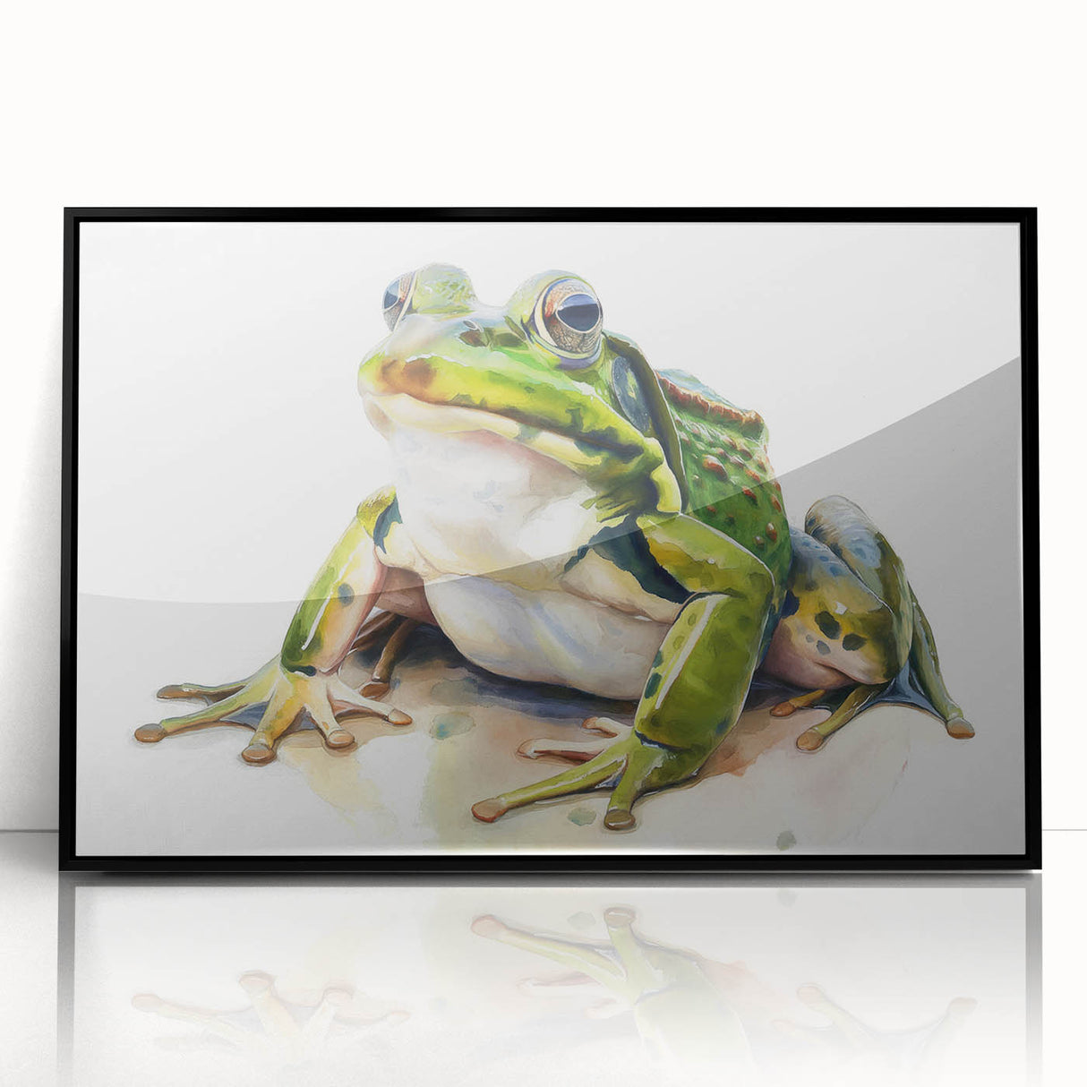 Framed wall art featuring a vibrant frog design in a black frame, showcasing detailed colors and textures, perfect for animal lovers and modern decor.