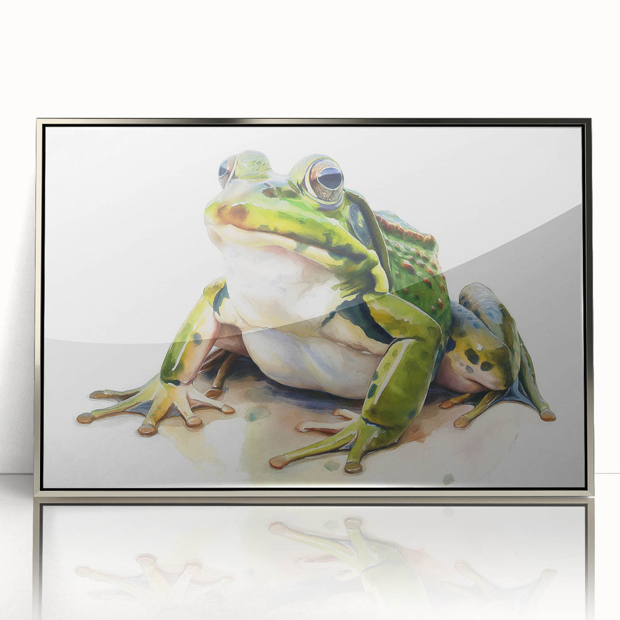 Framed wall art featuring a vibrant frog design, showcasing intricate details in shades of green and yellow, set against a silver acrylic background for a modern touch.