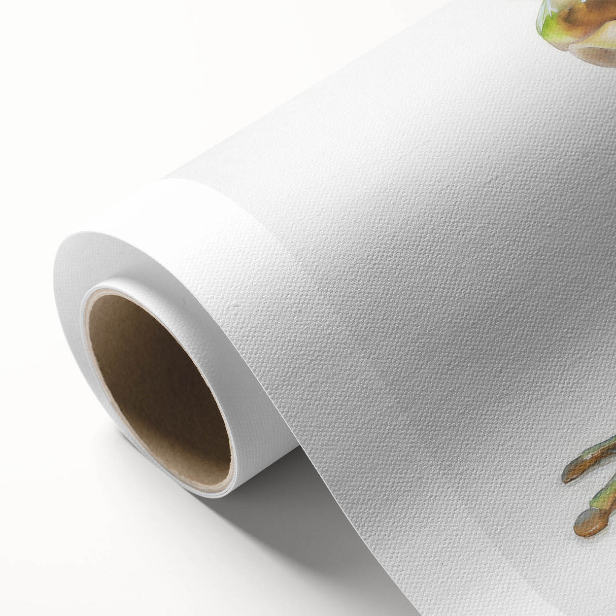 Colorful frog design wall art on rolled canvas, showcasing vibrant green and blue hues, perfect for nature lovers and home decor enthusiasts. Ideal for adding a playful touch to any space.