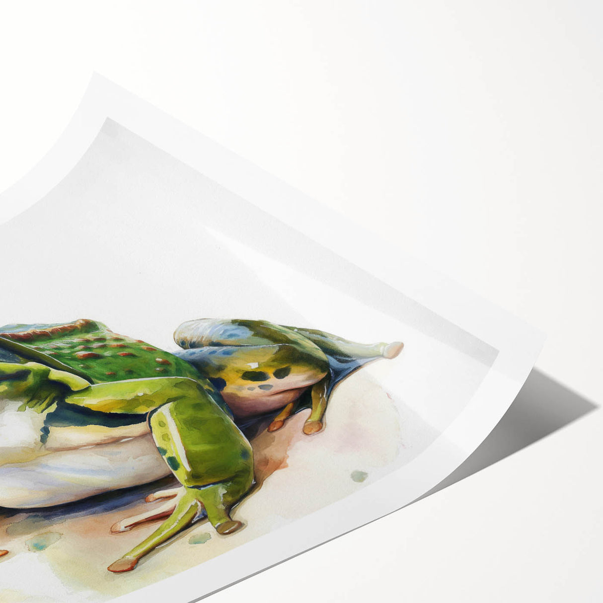 Vibrant wall art print showcasing a whimsical frog design, featuring vivid green and blue colors, ideal for animal lovers and nature-inspired decor.