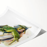 Vibrant wall art print showcasing a whimsical frog design, featuring vivid green and blue colors, ideal for animal lovers and nature-inspired decor.