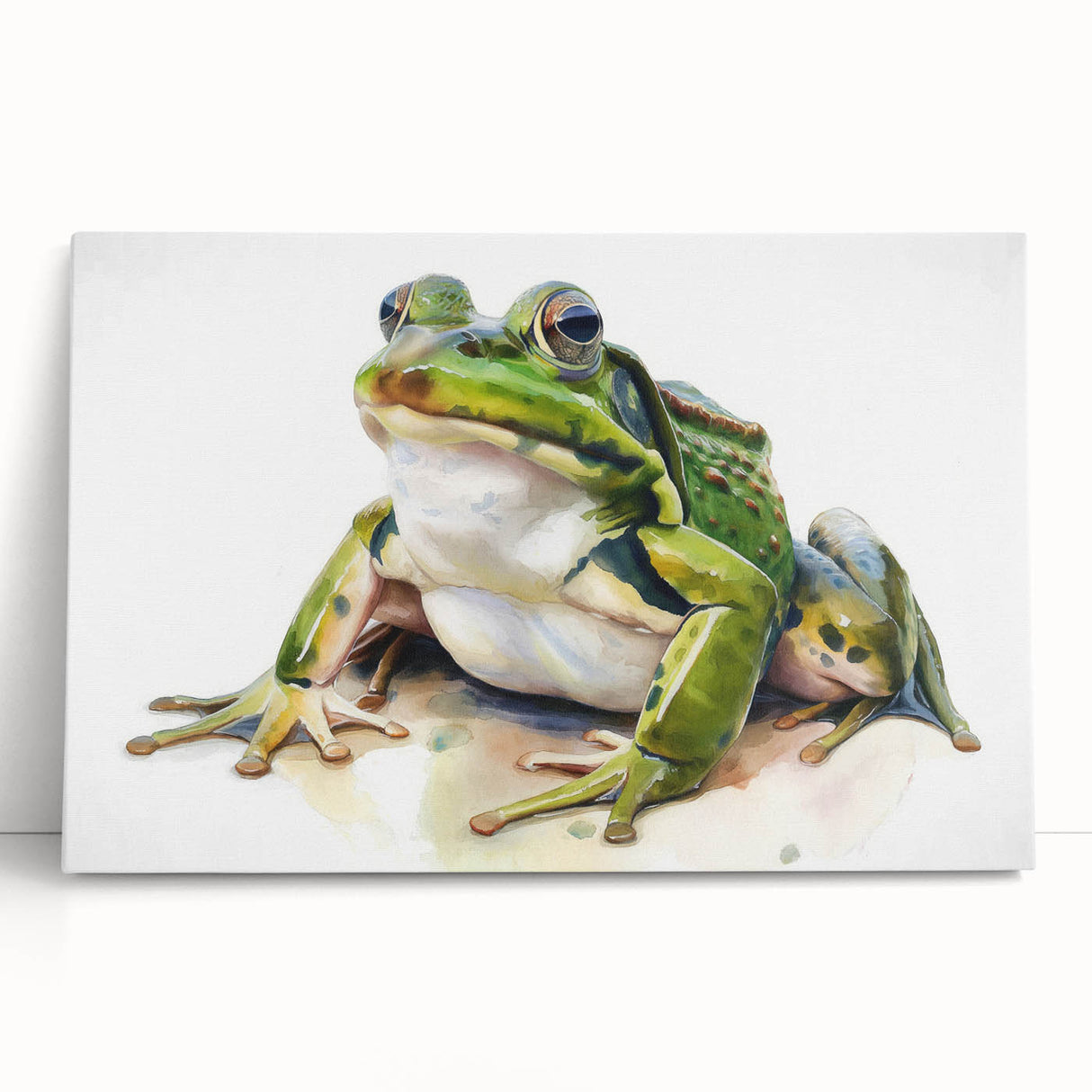 Vibrant stretched canvas wall art featuring a detailed frog design, showcasing rich green hues and intricate textures, perfect for nature-inspired decor.