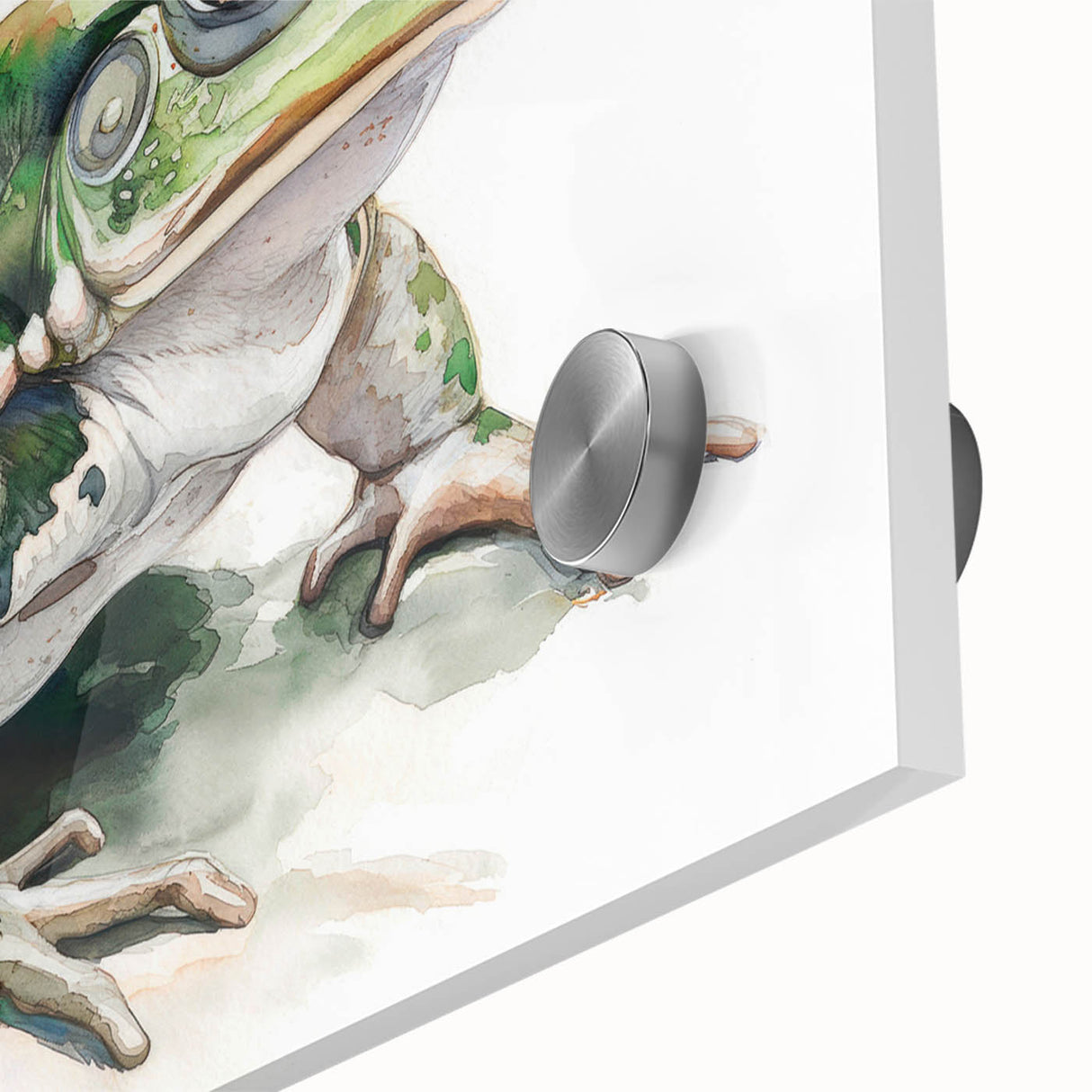 Close-up view of a vibrant green frog perched on a leaf, showcasing intricate details and textures, ideal for nature-themed wall art or decor.