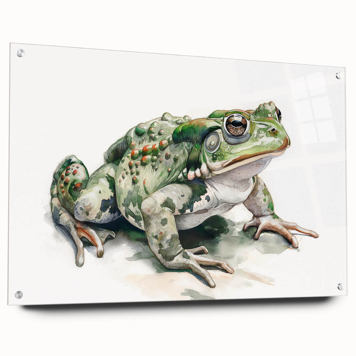 Acrylic glass wall art piece showcasing a vibrant frog design from the "Animals: A Wild Life" collection, displayed in a side view with decorative pins. Ideal for nature-themed decor.