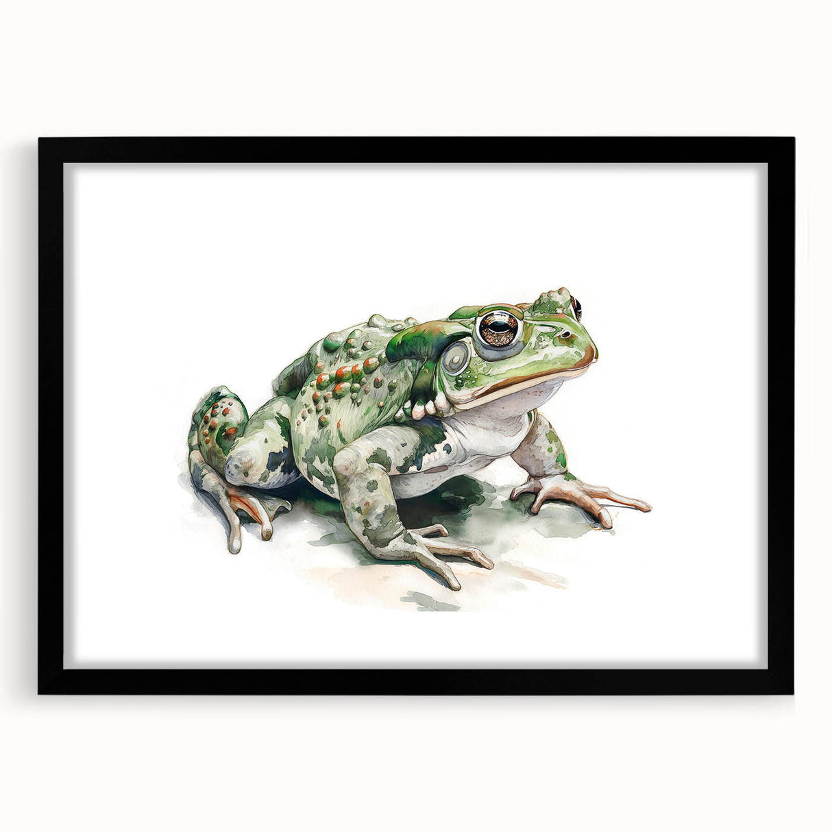 Black-framed wall art featuring a whimsical frog design, part of the "Animals A Wild Life" collection, showcasing vibrant colors and intricate details, ideal for nature-themed decor.