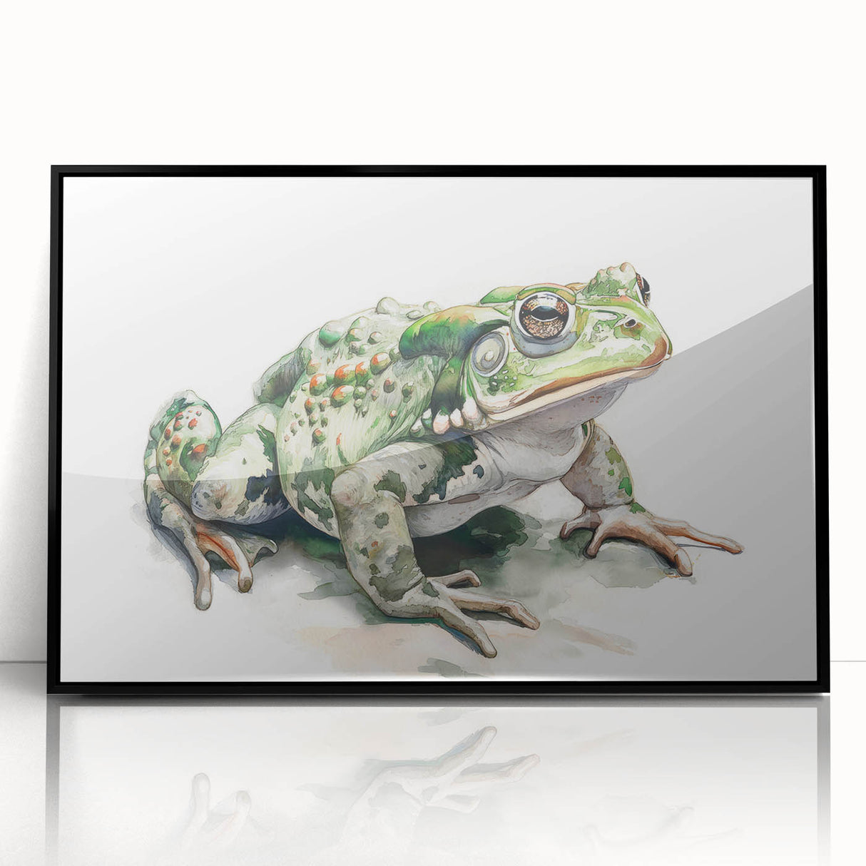 Framed wall art featuring a vibrant frog design in acrylic, set against a sleek black frame, ideal for adding a touch of nature-inspired decor to any space.