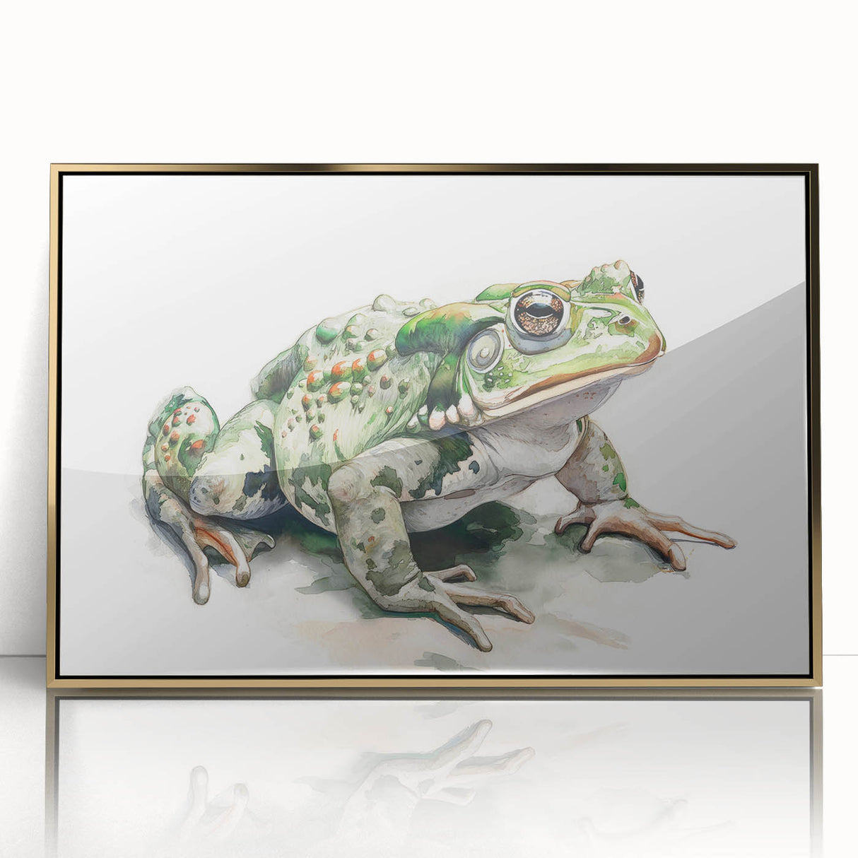 Framed wall art featuring a vibrant frog design with gold accents, set against a stylish backdrop, perfect for adding a touch of nature-inspired elegance to any room. Ideal for wildlife enthusiasts and home decor lovers.