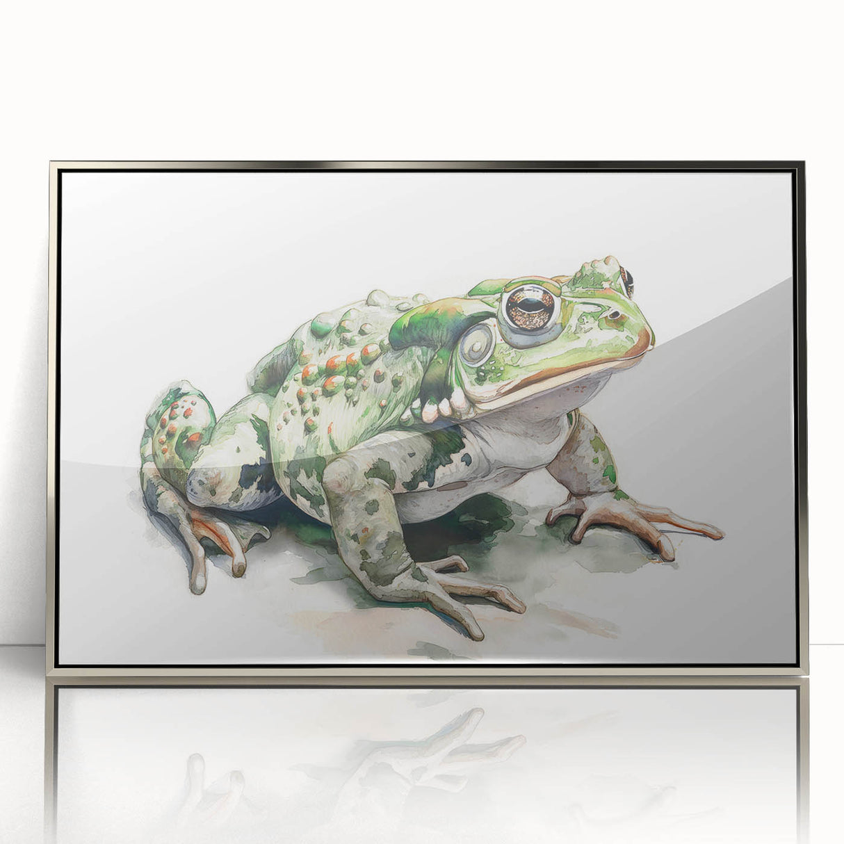 Framed wall art showcasing a vibrant frog design with silver accents, ideal for wildlife enthusiasts; perfect for enhancing home decor with a touch of nature.