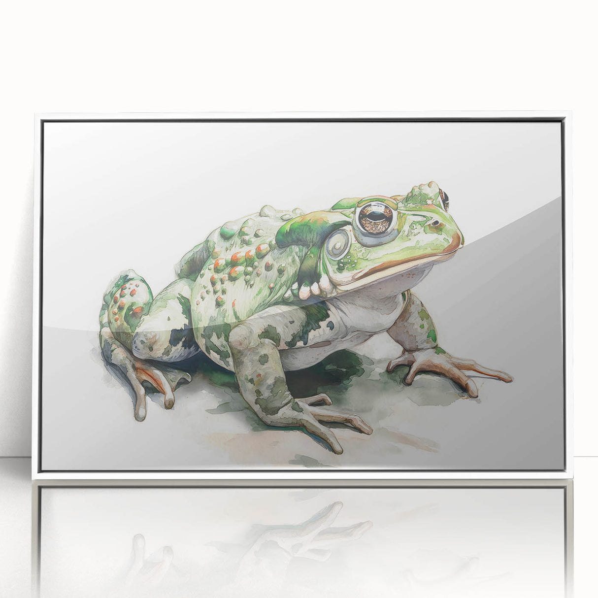 Framed acrylic wall art featuring a vibrant frog design from the "Animals A Wild Life" collection, showcased in a sleek white frame, ideal for nature-themed decor.