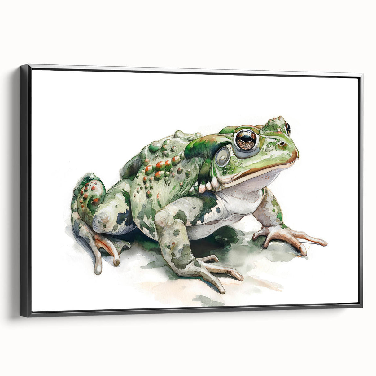 Framed wall art featuring a vibrant frog design, showcasing intricate details and bold colors on canvas, set against a sleek black frame, ideal for nature-themed decor.
