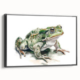 Framed wall art featuring a vibrant frog design, showcasing intricate details and bold colors on canvas, set against a sleek black frame, ideal for nature-themed decor.