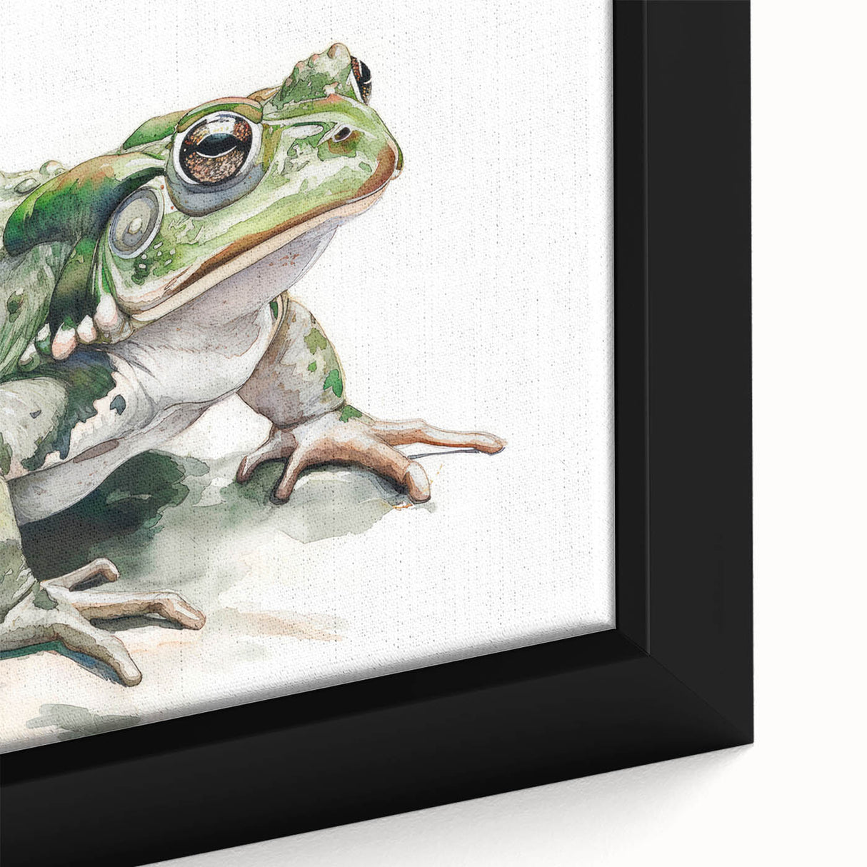 Close-up of a vibrant, framed canvas wall art featuring a colorful frog design, showcasing intricate details and textures, perfect for animal-themed decor.
